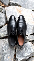 Pair of black leather dress shoes resting on rocks.