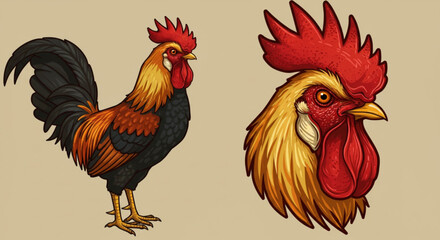 Fototapeta premium Vector art of rooster and rooster head isolated on white background illustration