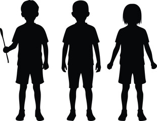 Three Children Silhouettes Boy Holding Stick, and Two Boys or Girls Standing Straight