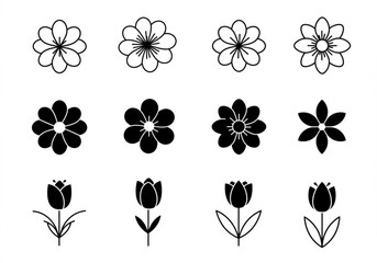 Vector art of set of black and white floral illustrations isolated on white background