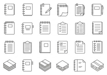 Vector art of set of twenty notebook icons isolated on white background in vector format