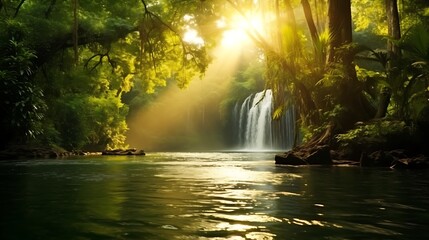 A serene jungle waterfall cascading gently into a tranquil green lake, surrounded by dense spring forest foliage glowing under golden morning sun rays, soft mist rising from lake