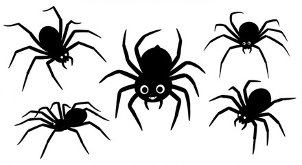 Vector art of five cartoon spiders isolated on white background, vector illustration