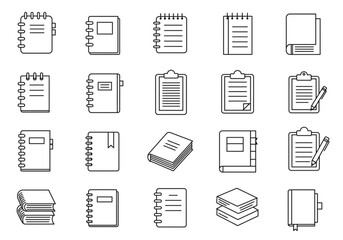 Vector art of collection of notebook icons in black and white isolated on white background