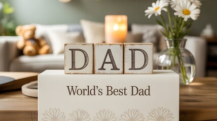 Charming wooden blocks spelling out dad sit atop a book proclaiming world s best dad next to a vase of daisies and a lit candle