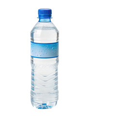 Clear plastic bottle of refreshing water with blue label isolated on transparent background