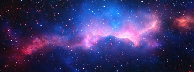 Vivid cosmic scene with glowing nebula clouds in pink and blue hues surrounded by numerous stars scattered across deep space