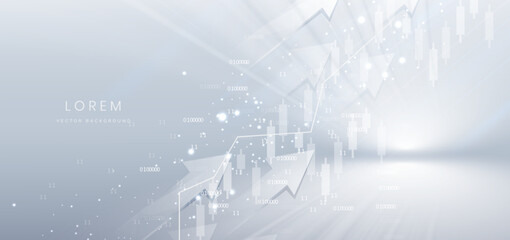 Finance arrow up chart stock market growth glowing light effect on grey background.