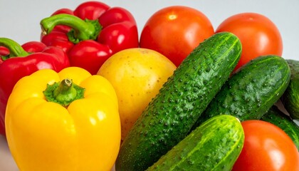 Fresh ripe tomatoes and green vegetables on a white plate are ready for a healthy vegetarian salad