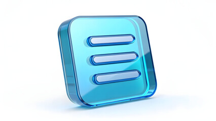 3D Blue Holographic Glass Menu Icon with Three Horizontal Lines Isolated on White Background