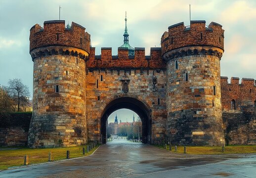 Historic stone castle gate with two round towers and arched entrance under cloudy sky