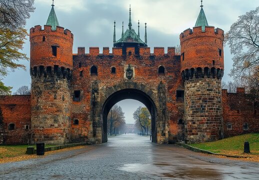 Historic medieval stone gate with towers and crenellations on a wet cobblestone path under a moody cloudy sky surrounded by autumn trees