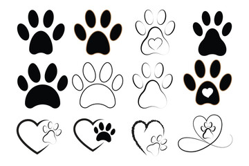 Cute paw print vector set featuring black, white, and heart-shaped designs. Perfect for pet-themed logos, t-shirt prints, stickers, greeting cards, and animal rescue branding. Ideal for cat, dog.