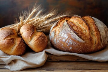 Freshly baked rustic bread loaf and small rolls arranged with wheat ears on a cloth-covered wooden table, evoking warmth and homeliness