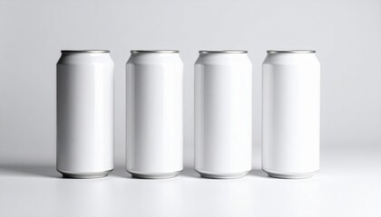 Mockup four tall blank white beverage cans arranged in a row on white surface with minimal studio background. Perfect for soda, beer, iced coffee, energy drink, or canned water packaging design