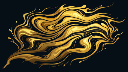Vector art of abstract dynamic gold liquid splash with elegant swirls and fluid movement on a dark background, representing luxury and energy