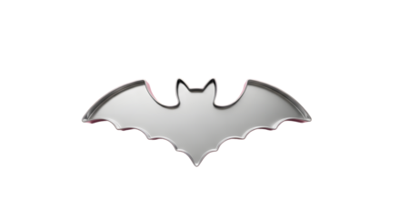A shiny silver bat symbol isolated against a stark black background with subtle reflections visible