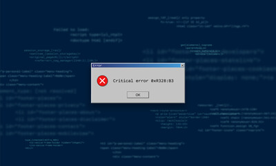 Obraz premium Operating system critical error warning. Retro user interface window with system failure. Software tech crash or bug report concept. Vector illustration for digital UI themes.