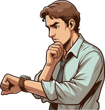 腕時計を見て考える男性のイラスト