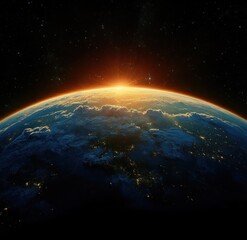 Sunrise over Earth from space showing glowing horizon, cloud formations, city lights, and starry background creating a serene cosmic view