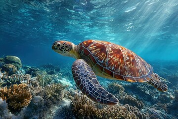 Fototapeta premium Green sea turtle Chelonia mydas gliding gracefully over vibrant coral reef in crystal clear waters during daylight hours