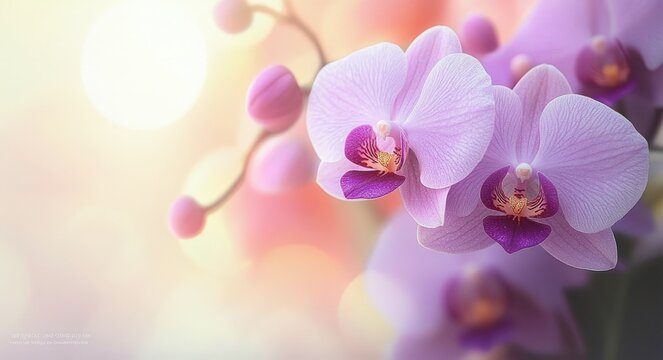 Close-up of delicate light pink and purple orchid flowers with soft sunlight and pastel bokeh background, conveying tranquility and natural beauty - Powered by Adobe