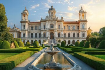 Elegant historic palace with symmetrical manicured gardens, central fountain, and soft evening light under a partly cloudy sky