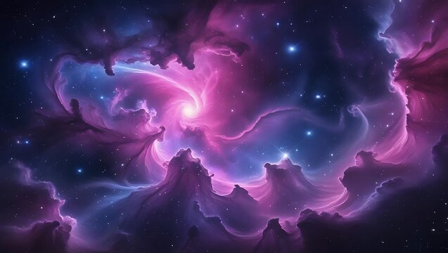 Vast Cosmic Nebula Displaying Swirling Pink and Blue Clouds with Distant Stars