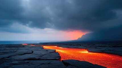 Desaturated Lava Flow at Sunset with Dark Clouds