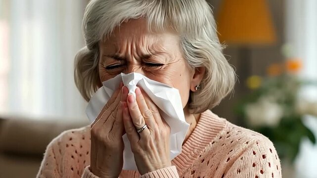 Elderly woman experiencing symptoms of rhinitis or a cold, blowing her nose with a tissue while resting at home during winter