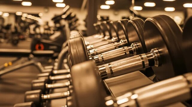 Dumbbells on Rack at Indoor Gym Closeup Shot