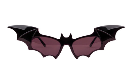 Fototapeta premium A pair of bat shaped sunglasses with dark frames and pink lenses on a black background are displayed