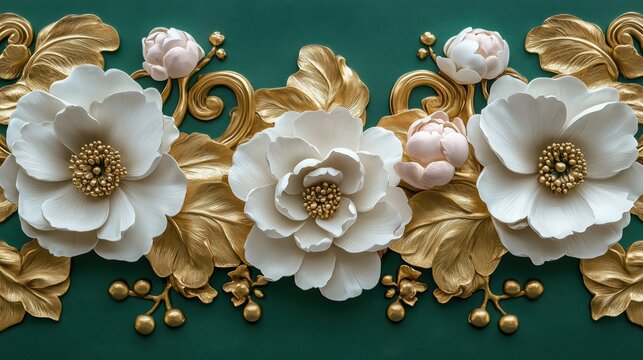 3D design of a luxurious floral pattern in white and gold tones