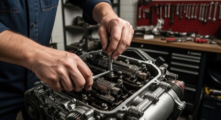 Obraz premium Automotive Technician Repairing Car Engine in Garage