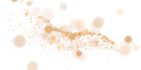 A sparkling gold magic dust effect with glowing bokeh lights and twinkling particles on a transparent background, ideal for fantasy and festive designs