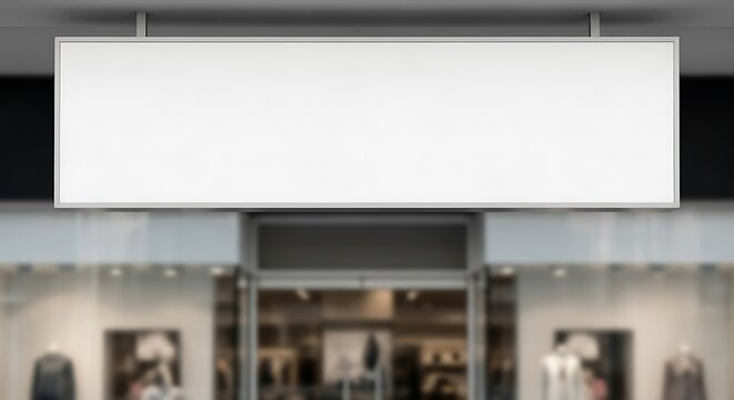 A blank white rectangular sign mockup hanging above a blurred modern clothing store entrance.