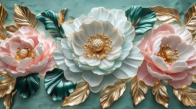 3D design of a luxurious floral pattern in white, gold, and pink tones
