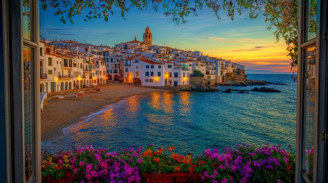 Open window with colorful flowers overlooking Cadaqués, vibrant blue sea and sky, rocky beach, charming houses, golden sunset, romantic summer day, peaceful vacation mood in high detail