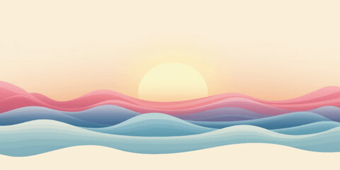 Mountain and sea landscape with sunset, sun and clouds