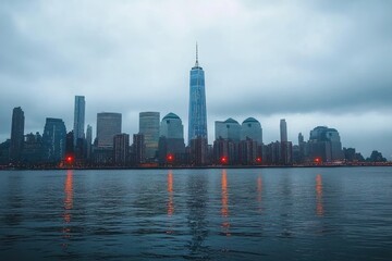 Moody urban skyline at dusk with illuminated skyscrapers and reflections on calm river water under a cloudy sky