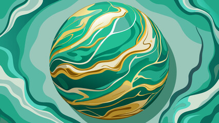 Obraz premium Vector art of abstract sphere with green and gold marble texture, flowing lines and swirls, elegant luxury background for design and decoration