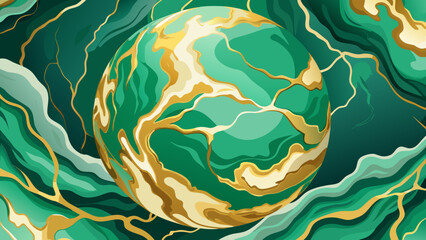 Naklejka premium Vector art of abstract green planet with golden swirling patterns, representing a futuristic and cosmic design with a marbled texture