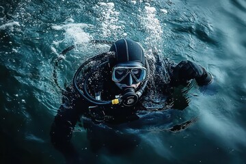 Scuba diver emerging from water surface wearing full diving gear and black wetsuit with bubbles around