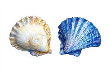 Obraz premium Two detailed seashells with textured, ridged surfaces, one in soft beige and cream tones, the other in rich blue shades, placed side by side on a white background