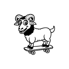 Cartoon ram with large curved horns riding a skateboard, depicted in a black and white line drawing.