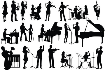 Silhouetted Musicians Performing with Various Instruments Musical Ensemble Featuring Pianists Guitarists Violinists Drummers and Singers Against a White Backdrop