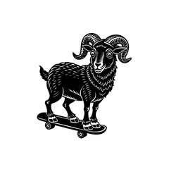 A black and white illustration of a ram with large, curled horns riding a skateboard.