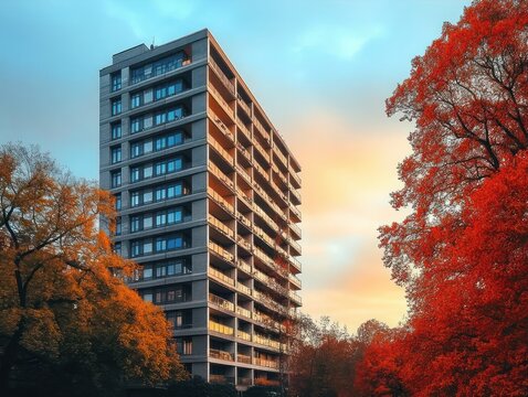 Tall modern apartment building surrounded by vibrant orange and red autumn trees under a soft pastel sunset sky