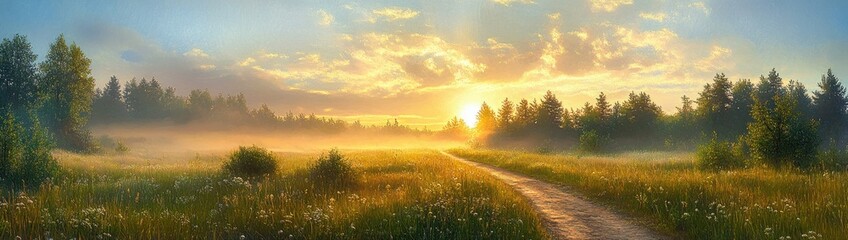 Fototapeta premium Serene early morning landscape with sun rising over misty field and dirt path surrounded by trees and wildflowers under a partly cloudy sky