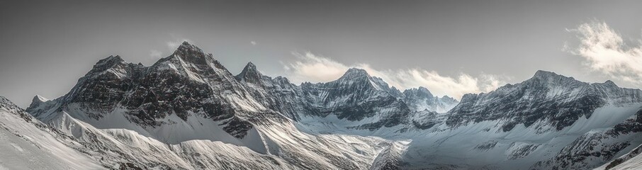 Obraz premium Snow-covered jagged mountain peaks under a cloudy sky with soft sunlight illuminating parts of the rugged landscape